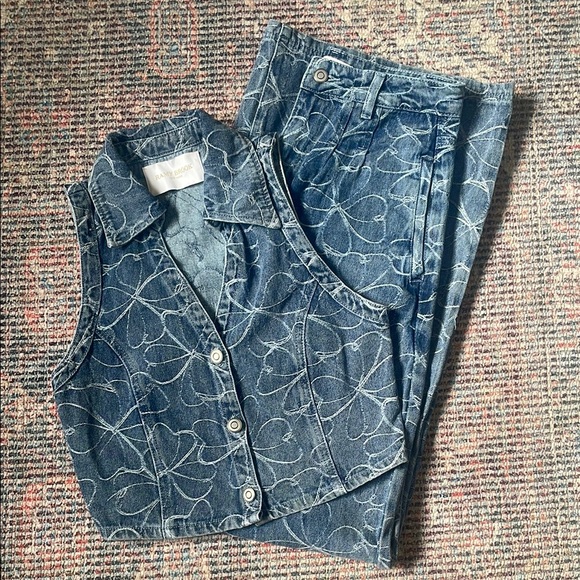 Ramy Brook Deacon Vest Adley Pants Floral Embroidered Denim Jean Set Wide Leg - Picture 2 of 12